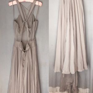 Fame & Partners floor length gown, gray, crossback